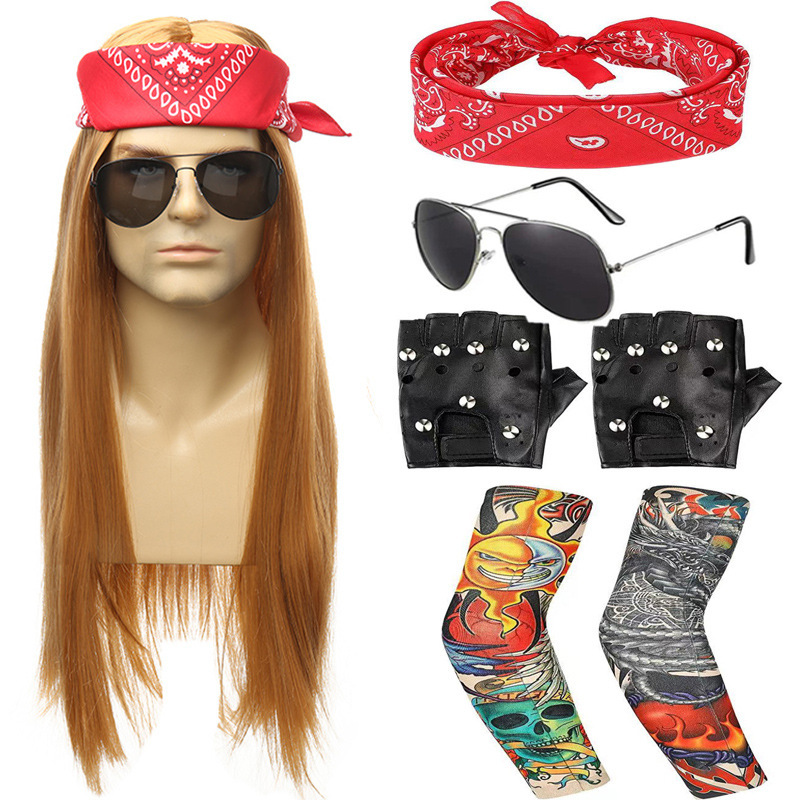 Cross-Border Halloween Disco Ebony Wig European and American Men Rock Wig Mixed Color Punk Long Straight Hair Funny Hair