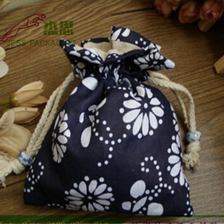 设计新款中国风印染棉麻布拉绳黄金珠宝首饰束口袋礼品收纳包