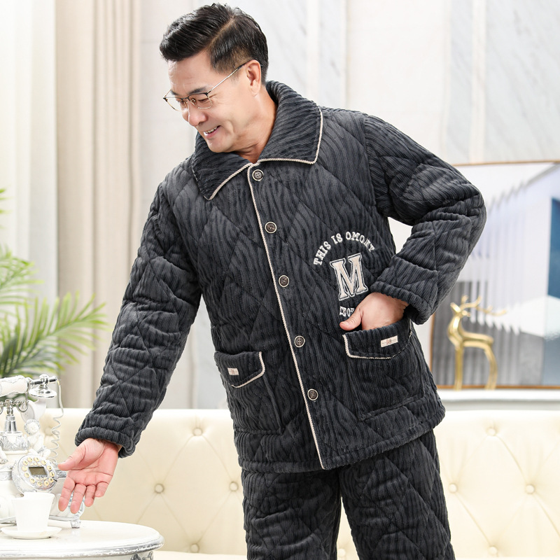 三层夹棉睡衣 冬季男加厚加绒法兰绒套中老年爸爸加大码开胸睡衣