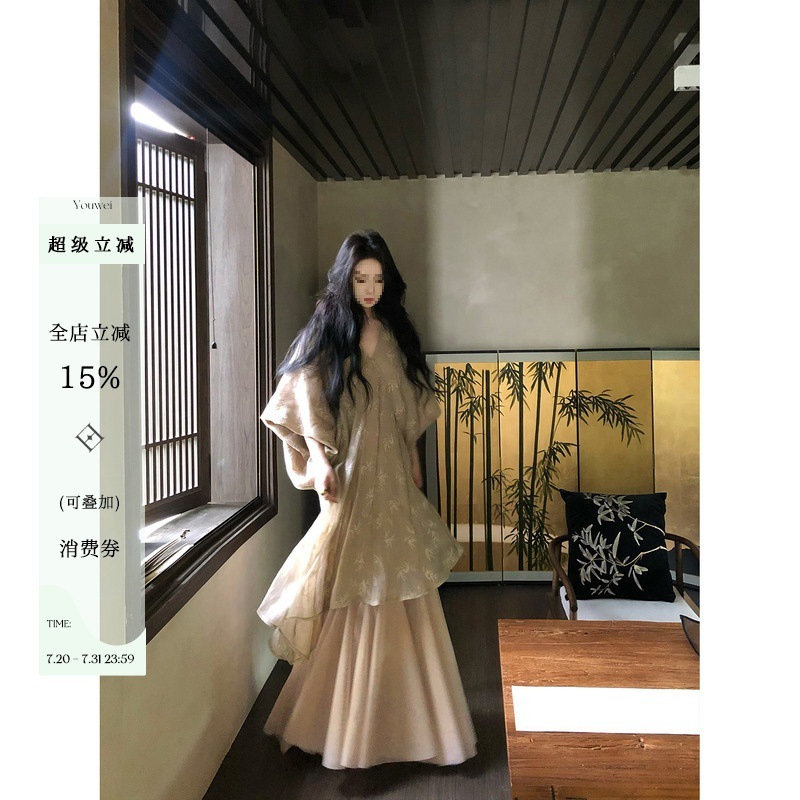 跨境Youwei 夏天巨看连衣裙女夏季薄新中式禅意风碎花长裙子|undefined