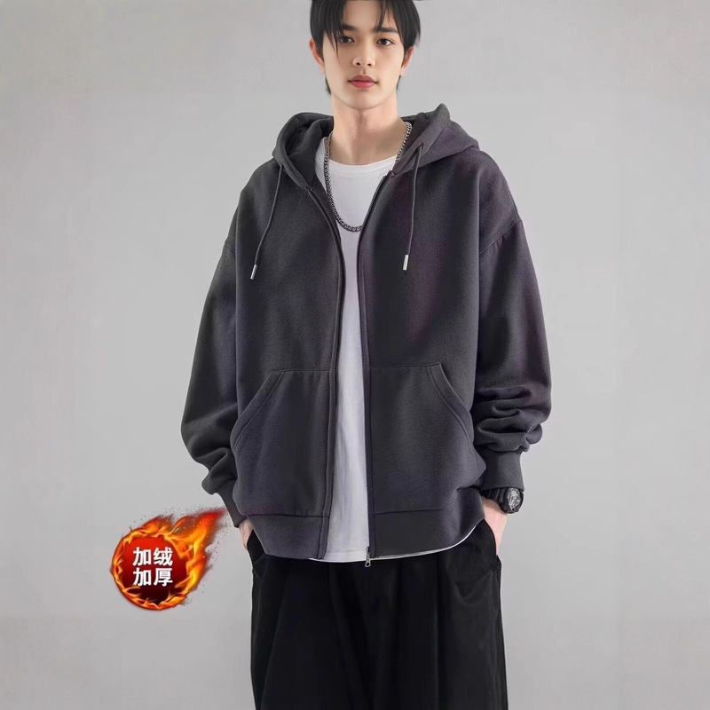 Cardigan Sweatshirt Jacket Men's Spring & Fall American Heavy Silver Fox Velvet Jacket Trendy Brand Hooded Couple Tops Spring Trend