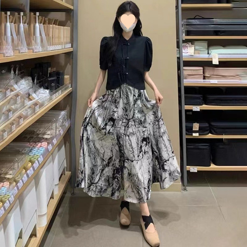 Chinese-style set including a short-sleeve, traditional short dress for women, retro, ink-wash summer top, slimming, two-piece set