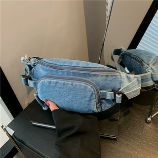 复古牛仔布斜挎包男女潮流简约单肩包休闲运动手机包百搭胸包腰包