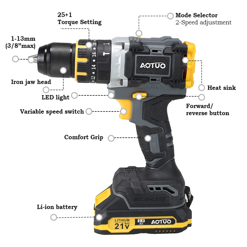 Transfronterizos de alta potencia sin escobillas taladro de mano 13mm taladro de impacto taladro de litio industrial taladro de carga taladro destornillador eléctrico