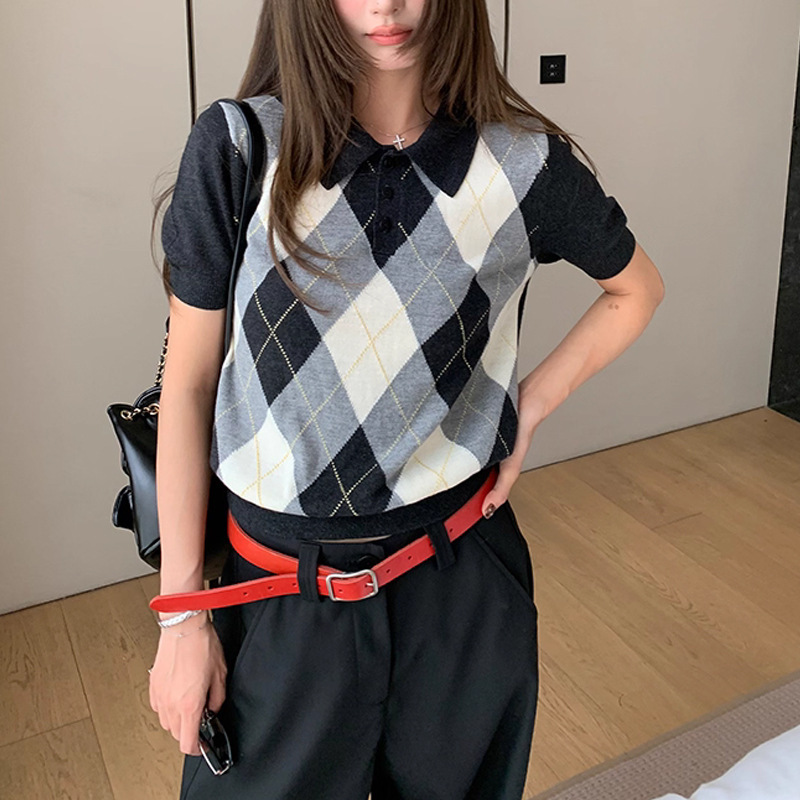【格雷西西】高智美女*早秋内味upup*Polo毛织菱格短袖设计感上衣|undefined