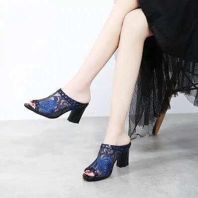 拖鞋女新款网纱高跟粗跟外穿防滑女士性感百搭刺绣花朵鱼嘴凉拖女|ms