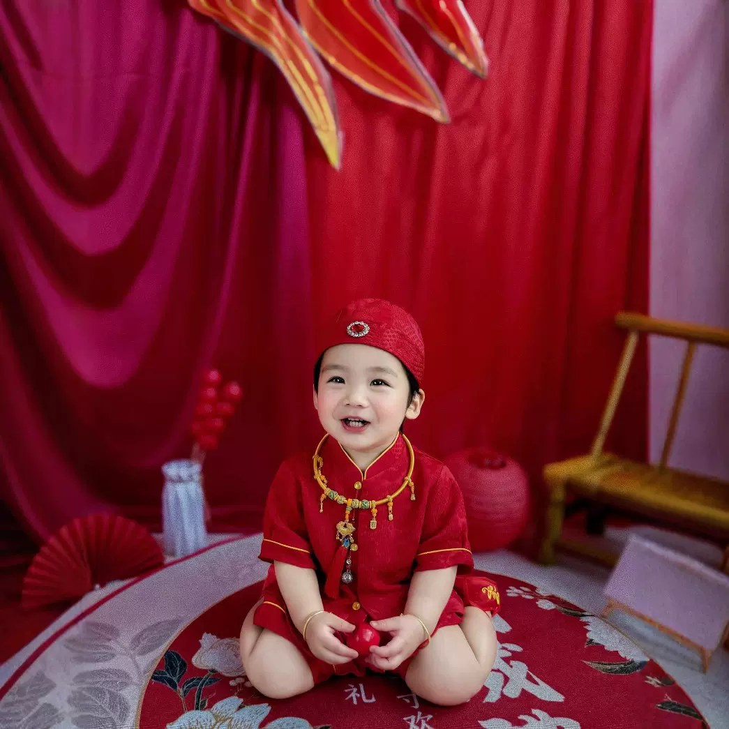 周岁礼服夏季宝宝真丝套装中国风喜庆红色百天周岁生日宴抓周冠衣
