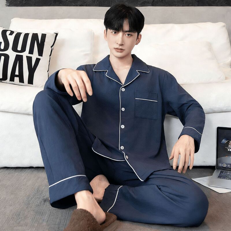 Spring and Autumn New Men's Pajamas with Double Long Lapels, Plus Size Cloud Cotton, Comfortable and Soft, Can Be Worn Outside the Suit Spring and Autumn New Men's Pajamas with Double Long Lapels, Plus Size Cloud Cotton, Comfortable and Soft, Can Be Worn Outside the Suit