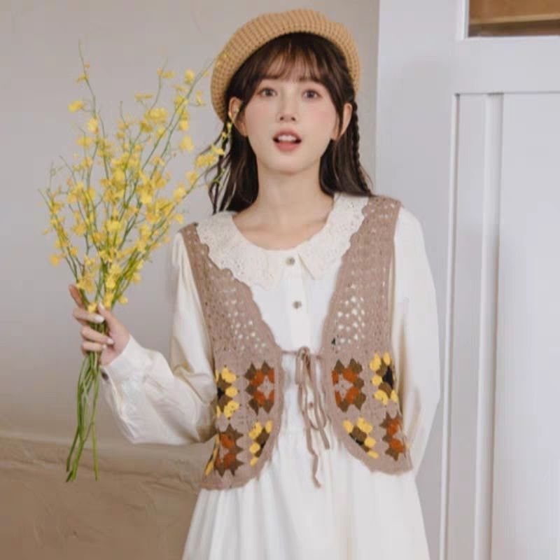 Hollow Knitted Cardigan Crochet Lace Style Loose Sleeveless Fashion All-match Waistcoat Hook Short Vest Top