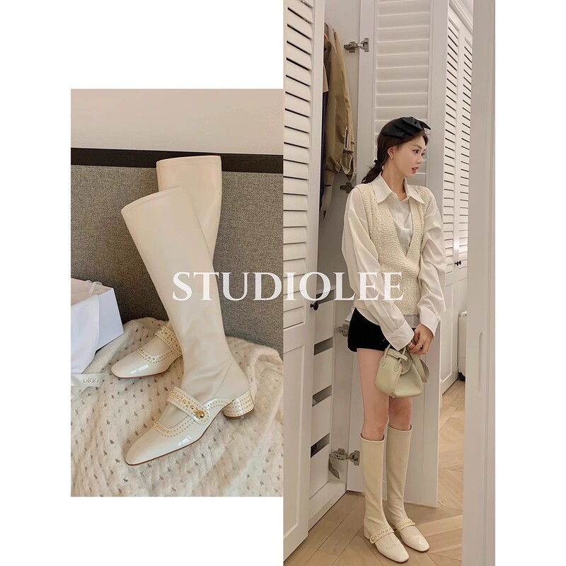 牛皮气质方头铆钉真皮高跟靴子弹力瘦瘦长靴女小香粗跟长筒骑士靴|undefined