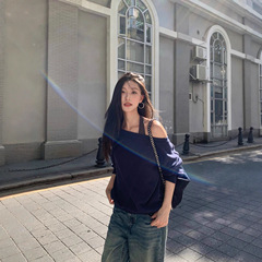 pusumede 镜头焦点 美式斜肩刺绣套头卫衣女宽松慵懒加绒长袖上衣