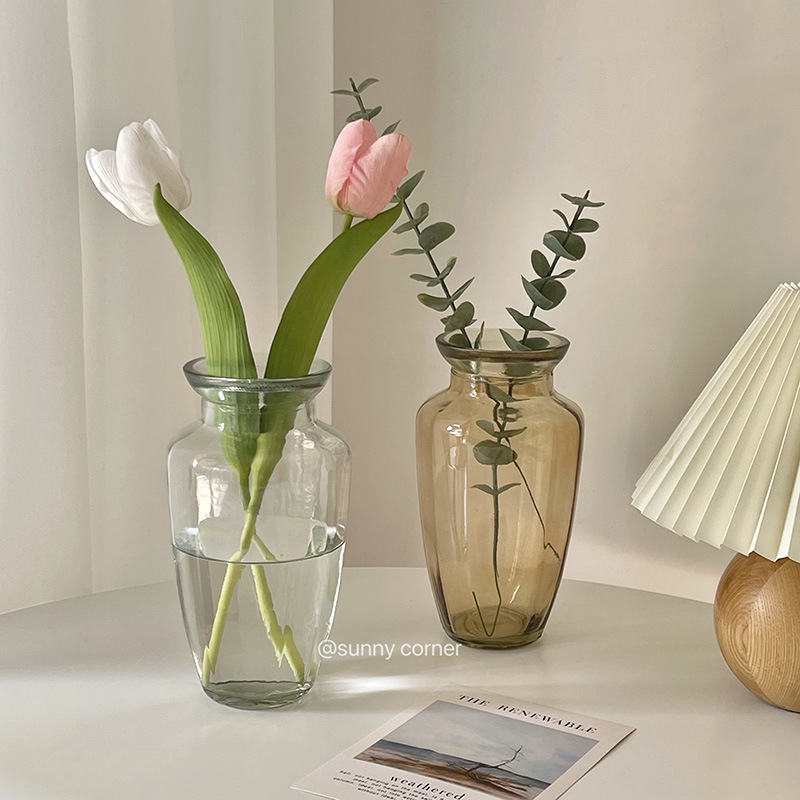 Nordic Creative Glass Vase Transparent Hydroponic Green Rose Plant Glass Vase Household Flower Arrange Decoration Ornaments for Living Room