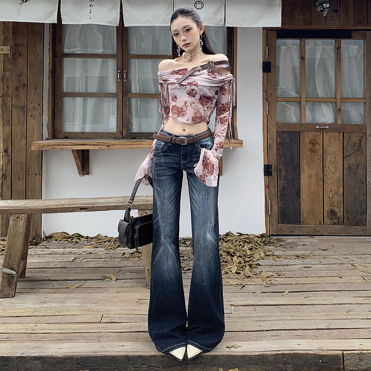【Jinyin】American Retro Gradient Flared Cat Print Floor-Length Draped Versatile Slimming Denim Pants New Style