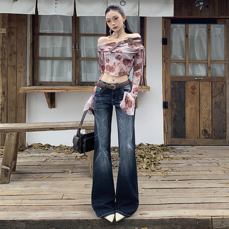 【Jinyin】American Retro Gradient Flared Cat Print Floor-Length Draped Versatile Slimming Denim Pants New Style