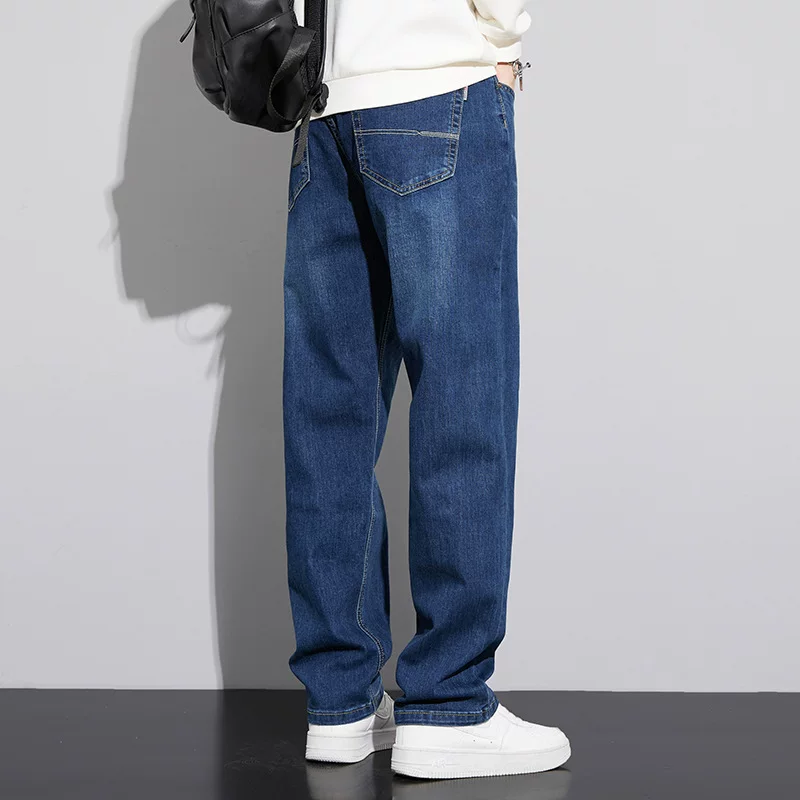 Elite demi-season loose straight jeans, blue casual trousers for leisure, loose fit, autumn