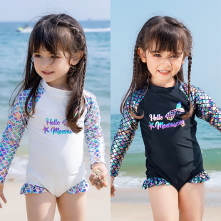 Children's Swimsuit Girls Fish Scale Long-Sleeved Sun Protection One-Piece Swimsuit for Small and Medium-Sized Kidsren Baby Mermaid Seaside Swimsuit