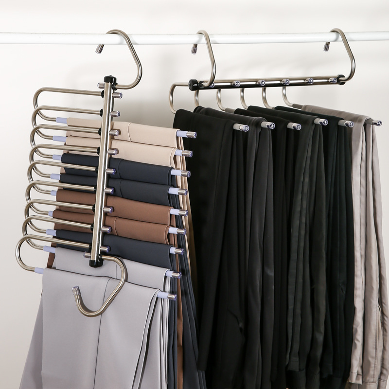 Stainless Steel Foldableing Clothes Hanger Trouser Rack Nine-Layer Six-Layer Overall Cabinet Underwear Rack Clip Seamless Multi-Layer Anti-Slip Telescopic Dormitory