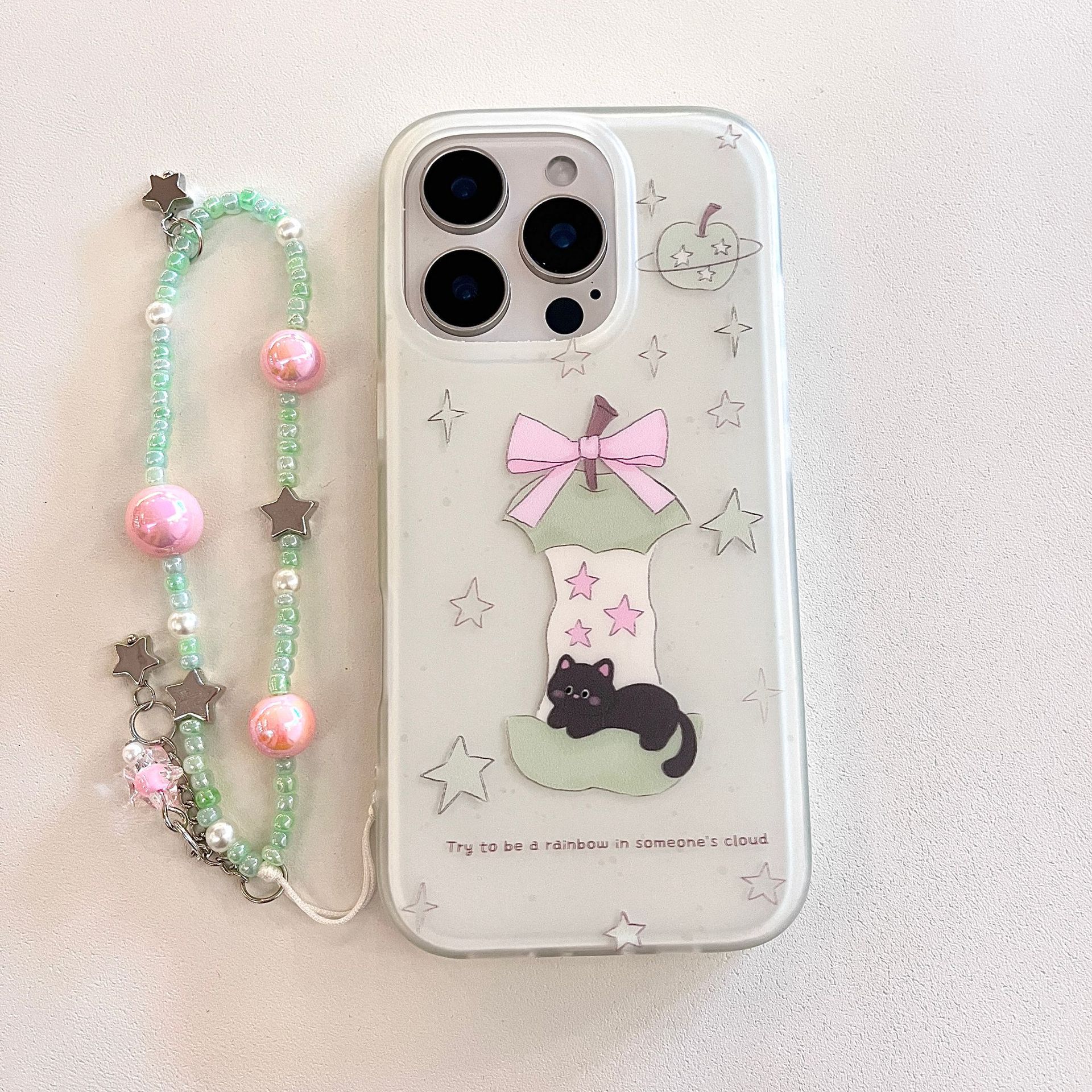 Coreano pequeña estrella fresca manzana núcleo gato negro para Apple 16ProMax funda para teléfono móvil cadena 15Pro 14/13