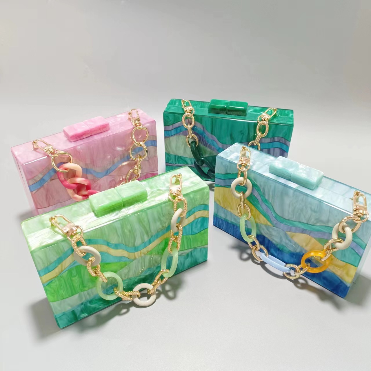 Green Pink Sky Blue Arylic Color Block Square Evening Bags display picture 1