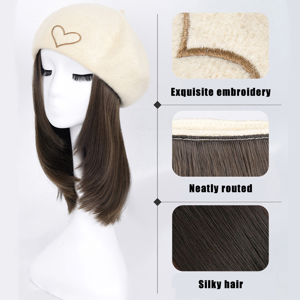 Perücke Herbst und Winter Samt Baskenmütze Hut Perücke kurze glatte Haare leicht lockige Hut Perücke alles in einem_voghion.com
