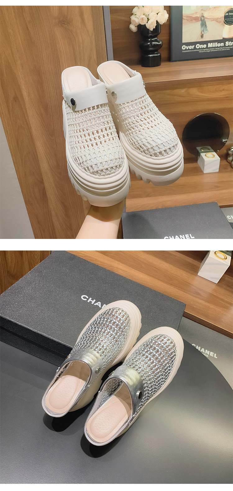 Dép lê đế xuồng cao gót siêu cao 15 cm, xăng đan bít mũi rỗng thoáng khí mùa hè, tăng chiều cao bên trong — Màu trắng be 15cm, Màu bạc 10cm, Màu trắng be 10cm, Màu bạc 12cm chi tiết 10
