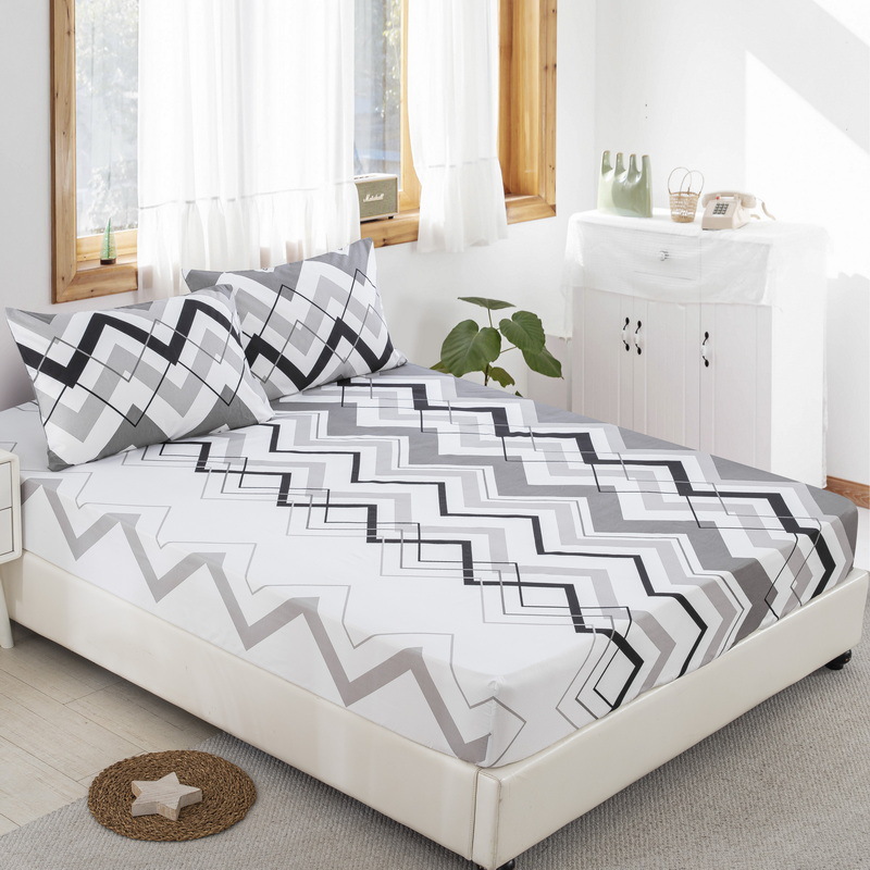 Gray & White Wave Pattern Fitted Sheet - 3D Printed Polyester Bed Cover With Ocean-Inspired Design - Modern Coastal Bedding For Stylish Bedrooms_voghion.com