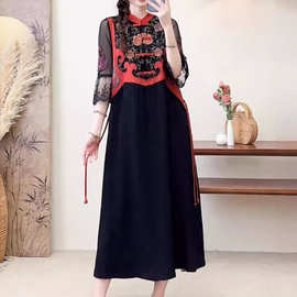 2025夏新款民族风重工刺绣套头长裙 宽松缎面人丝盘扣连衣裙