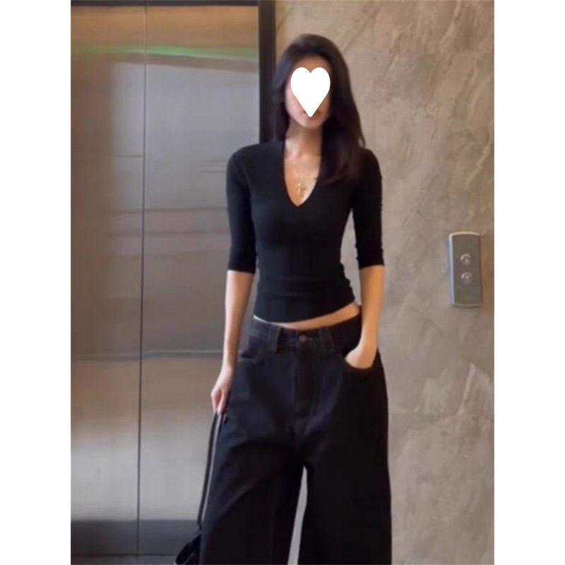 工厂直销 40支纯棉 韩系黑色V领五分袖上衣女chic别致辣妹小众T恤|undefined