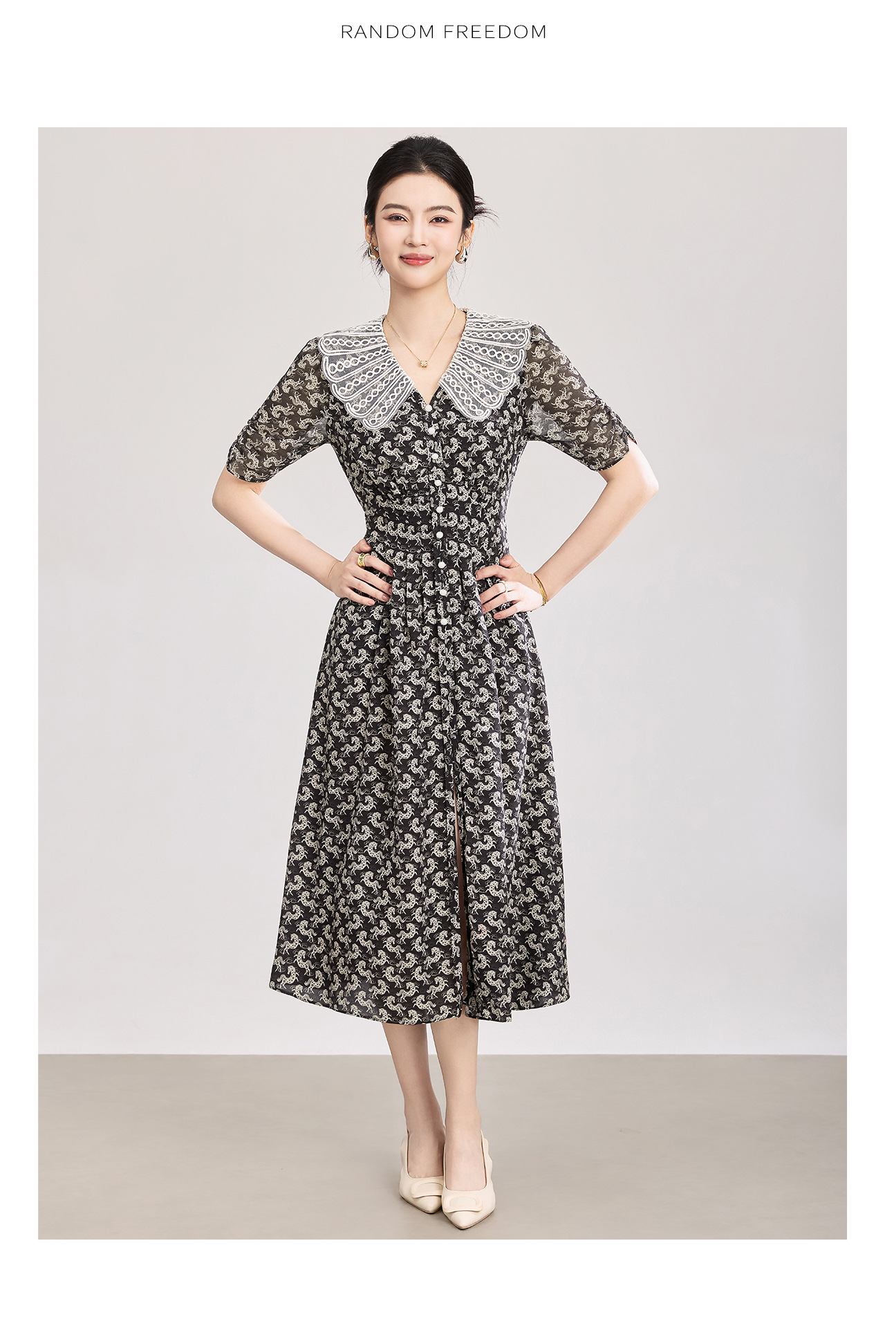 Đầm maxi nữ thắt eo in họa tiết ngựa cổ ve phối màu — màu đen chi tiết 15