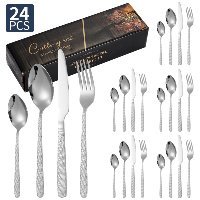 Vajilla de acero inoxidable de Amazon, bistec, cuchillo, tenedor, cuchara, cuerda de cáñamo, juego de 20/24/30 piezas, juego de cuchillo y tenedor de comida occidental de hotel