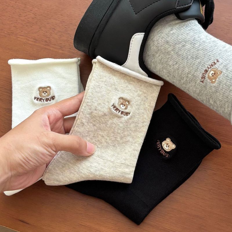秋季新款女袜棉袜吸汗防臭堆堆袜卷边百搭日系中筒袜卡通小熊长袜|undefined
