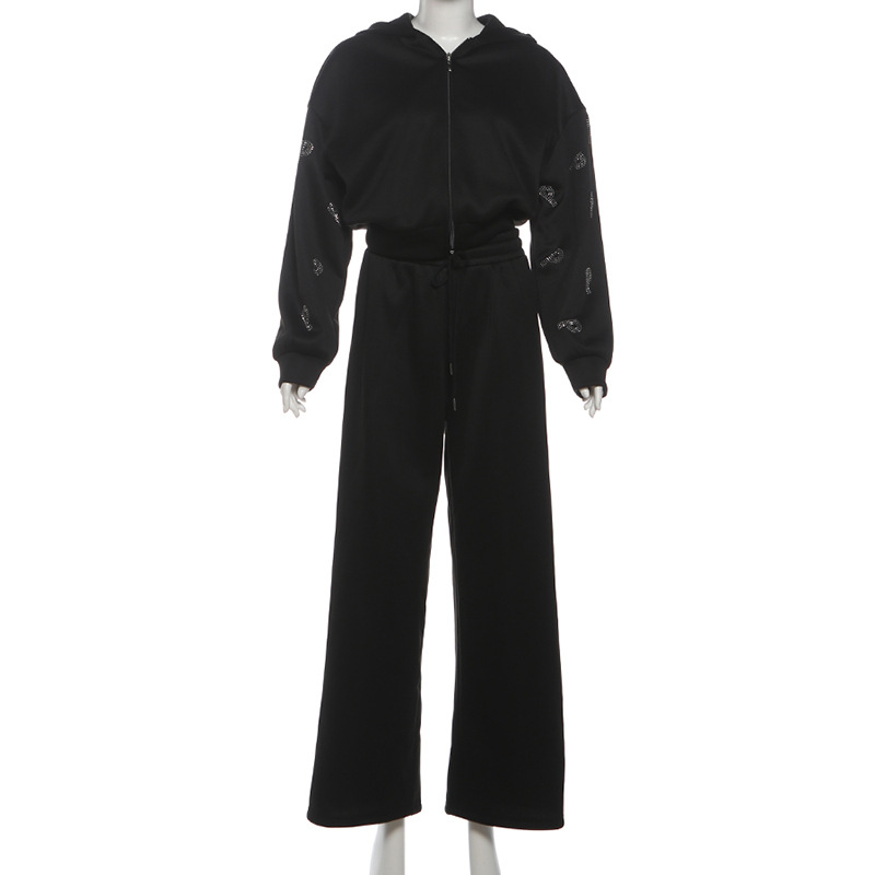Autumn Winter Letter Graphic Rhinestone Hooded Sweater Loose Straight Trousers Set