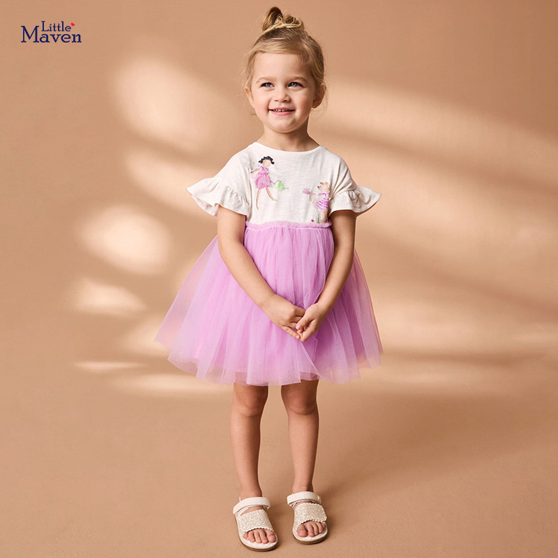 Little maven New Sweet Girls Princess Dress Cute Mesh Children's Skirt Summer Short Sleeve dress