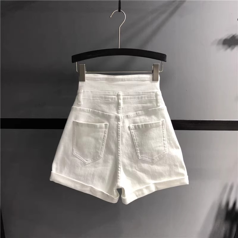 European goods 2024 Summer new white ultra high waist stretch curling Denim shorts women's slimming A- line wide leg hot pants