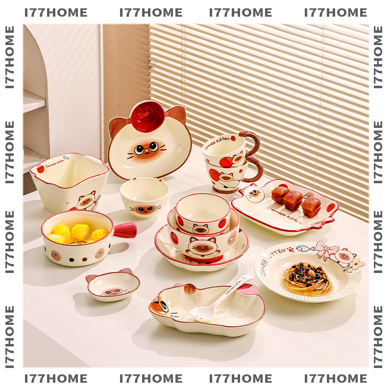 Cute Siamese Cat Ceramic Bowl for Home Use 2025 Model Cute Bowl and Plate Set Rice Bowl