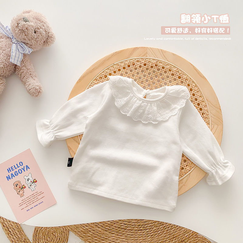 童装春秋季女婴童上衣新款韩版宝宝纯色娃娃领长袖T袖打底衫外出