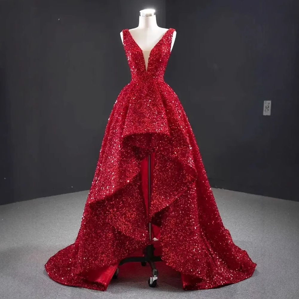 Vocal Art Exam Performance Red Dress Bride Toast Dress Short Front and Long Back Host Solo Puffy Skirt Wholesale