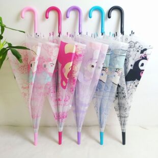 Cute small fresh semi-automatic transparent umbrella straight long handle children's umbrella cartoon student frosted transparent umbrella wholesale