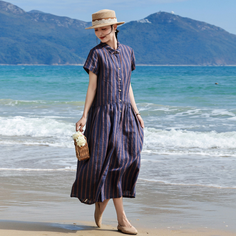 26 New Spring and Summer Style Yarn-Dyed All-Linen Lazy-Feel Comfortable Breathable Striped A-Line Loose Mid-Length Women's Dress 26 New Spring and Summer Style Yarn-Dyed All-Linen Lazy-Feel Comfortable Breathable Striped A-Line Loose Mid-Length Women's Dress