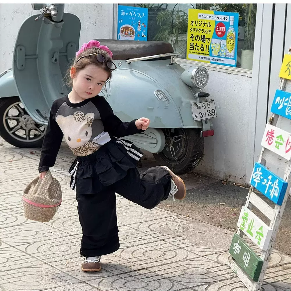 女童秋季阔腿长裤2025新款儿童休闲裤宝宝宽松工装裤黑色条纹裤子