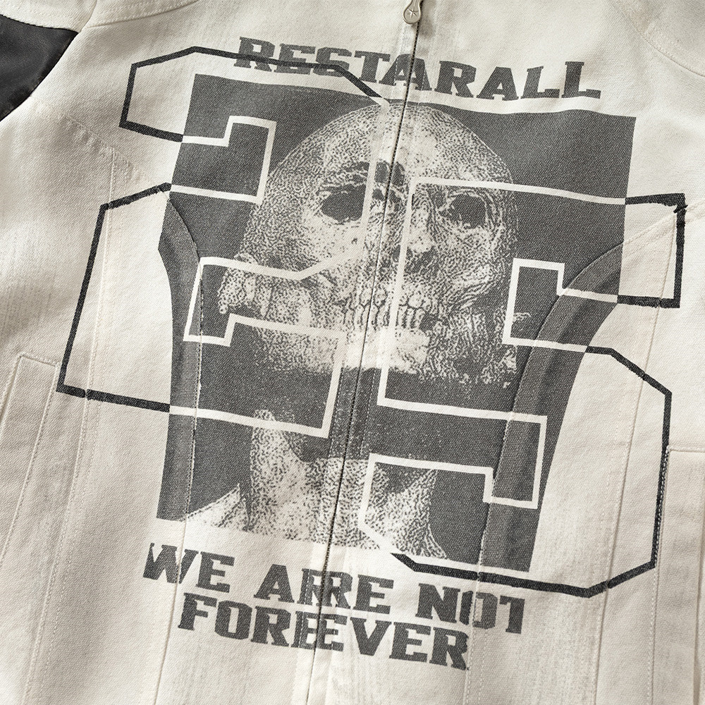 Veste de moto de course courte pour homme, style Death Style, col montant, effet peinture aérosol vieillie, patchwork déstructuré._voghion.com