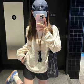 艺术生奶乖肌理感纹理正肩长袖t恤女春秋季叠穿内搭宽松打底上衣