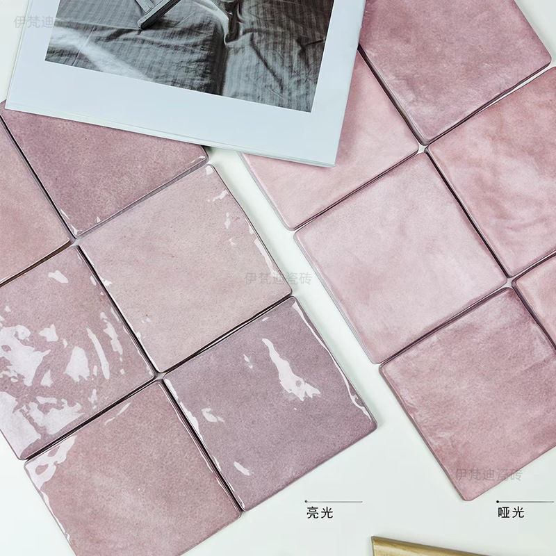 Spanish Retro Dirty Pink Glossy Gradient Handmade Small Square Tiles for Kitchen, Bathroom, Toilet, Bar Counter, and Background Wall Tiles