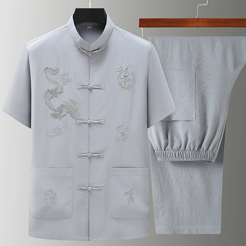 Китайский костюм для мужчин среднего и пожилого возраста с короткими рукавами