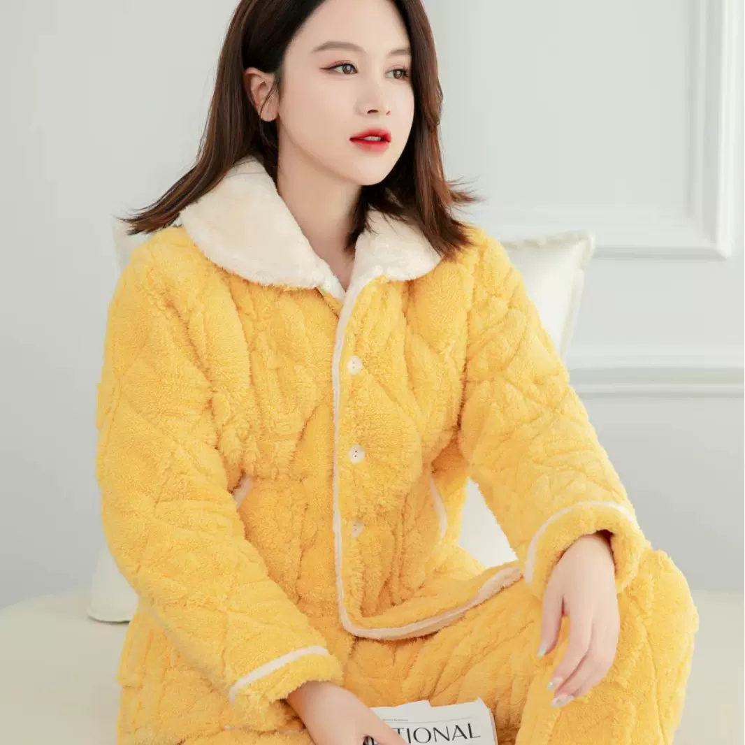 睡衣女冬季珊瑚绒加厚加绒夹棉袄女式秋冬款法兰绒家居服加厚保暖