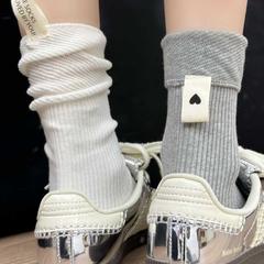 春と秋の韓国版インヒール布ラベルカーフソックス太い糸ニット縦縞無地リラックス感多用途パイルソックス女性用