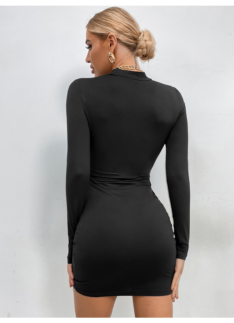 Slim Fit Slimming Half Turtleneck Minimalist Long Sleeve Round Neck Drawstring Dress - Dresses - Uniqistic.com