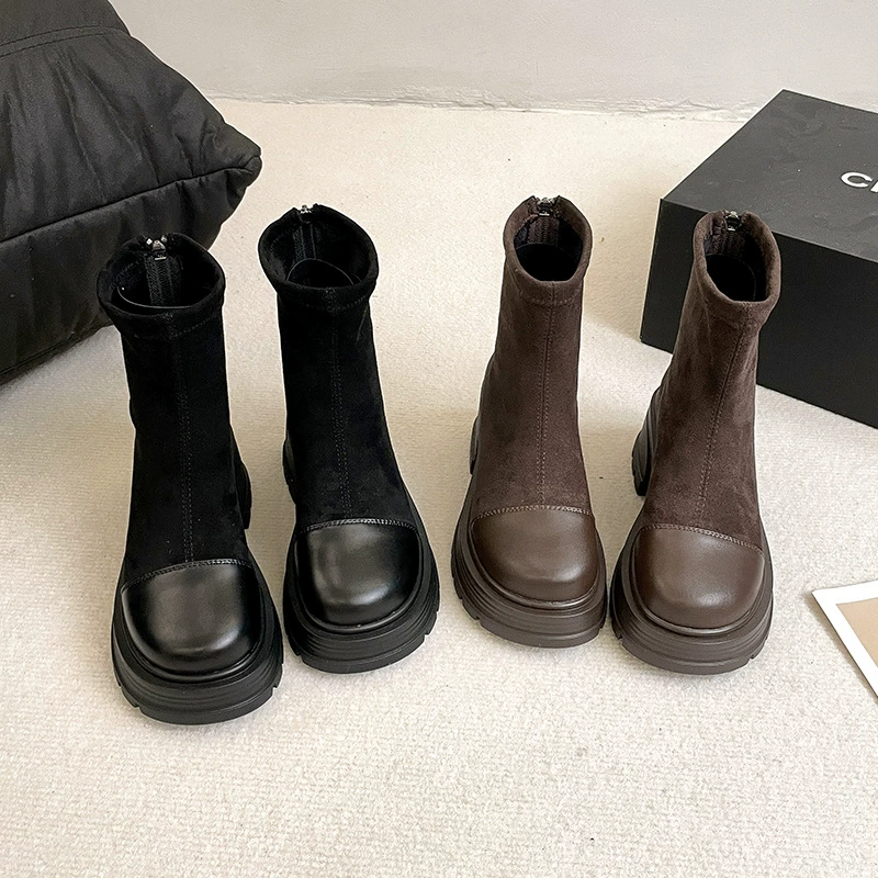 Французские толстые донные эластичные тонкие сапоги женские осень-зима 2025 новые ретро толстые каблуки дикие увеличенные замшевые табачные сапоги