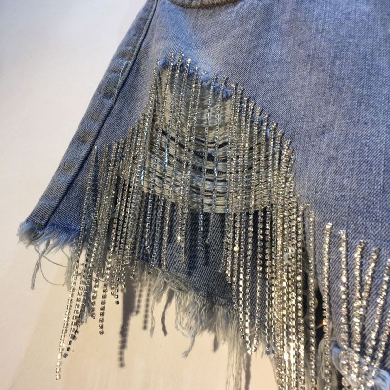 Damjeanshorts Sommarnytt genombrott med hög midja, strass, tofsar och kedjor, smal passform, raka shorts_voghion.com
