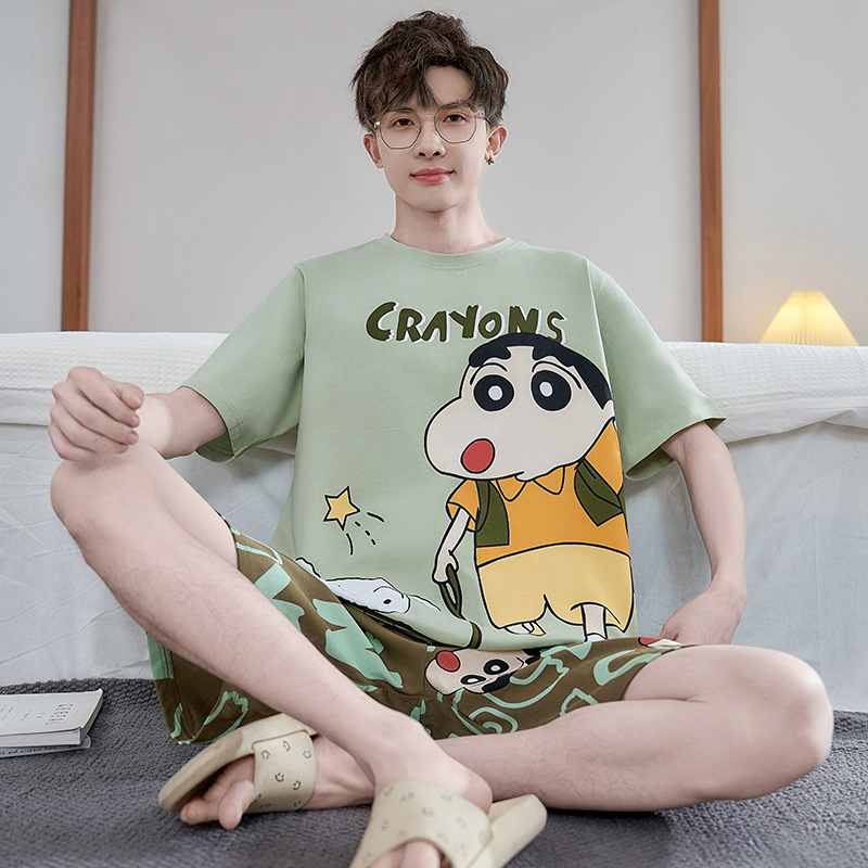 남성 잠옷 순수 코튼 여름 반팔 만화 학생 청소년 여름 얇은 코튼 대형 겉옷 가정 의류